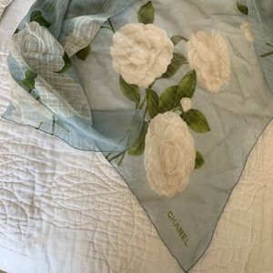 CHANEL Scarf - 100% Silk Signature white flowers w/corner logo & “Chanel” script